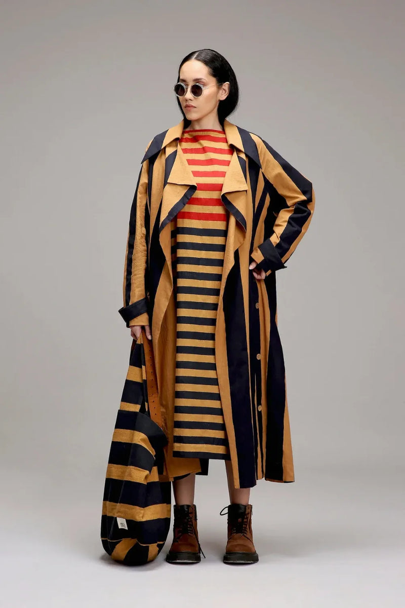 Tan-Brown Red & Blue Dual Stripe Dress Jacket Set (2 PCS) cotton by Mati in brown color for women Worldwide