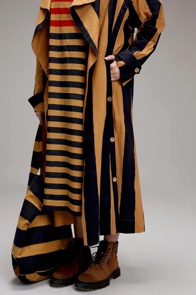 Tan-Brown Red & Blue Dual Stripe Dress Jacket Set (2 PCS) cotton by Mati in brown color for women Worldwide
