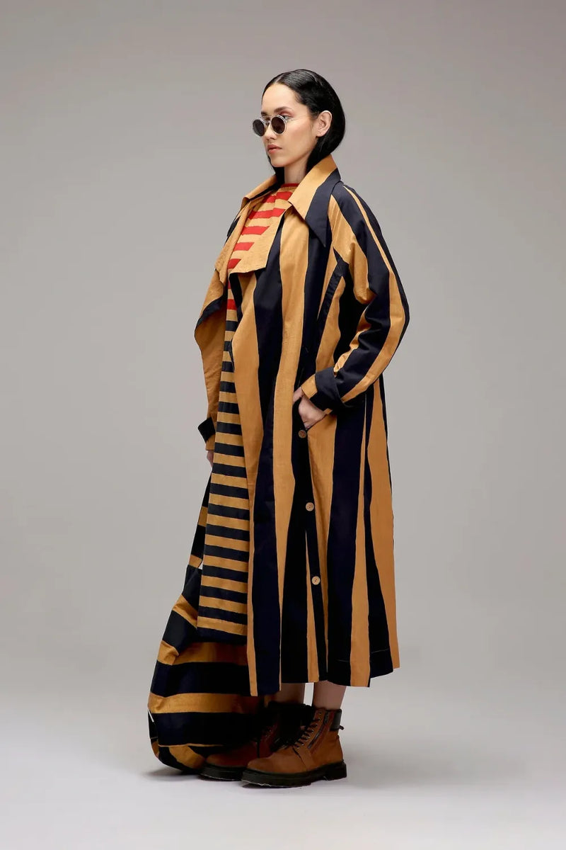 Tan-Brown Red & Blue Dual Stripe Dress Jacket Set (2 PCS) cotton by Mati in brown color for women Worldwide