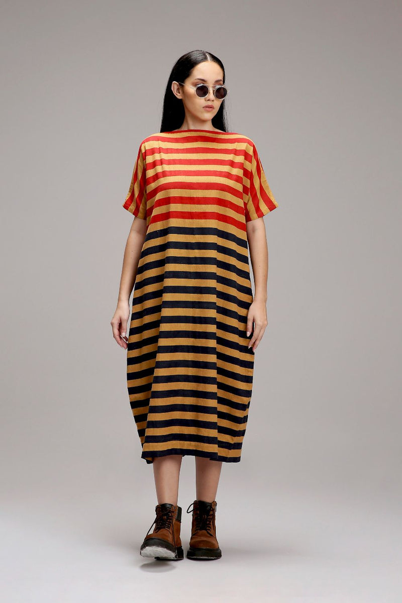 Tan-Brown Red & Blue Dual Striped Dress cotton by Mati in brown color for women Worldwide