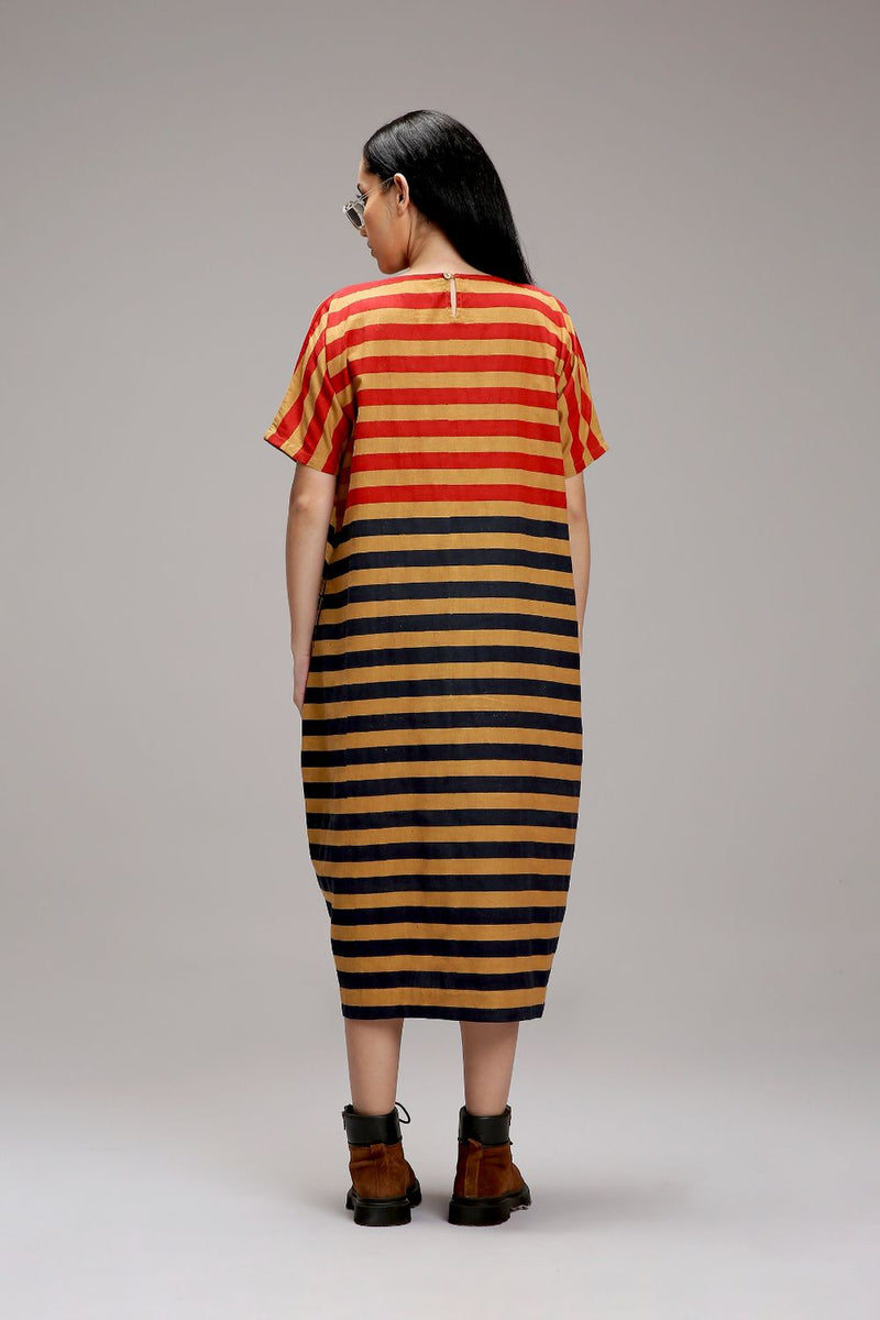 Tan-Brown Red & Blue Dual Striped Dress cotton by Mati in brown color for women Worldwide
