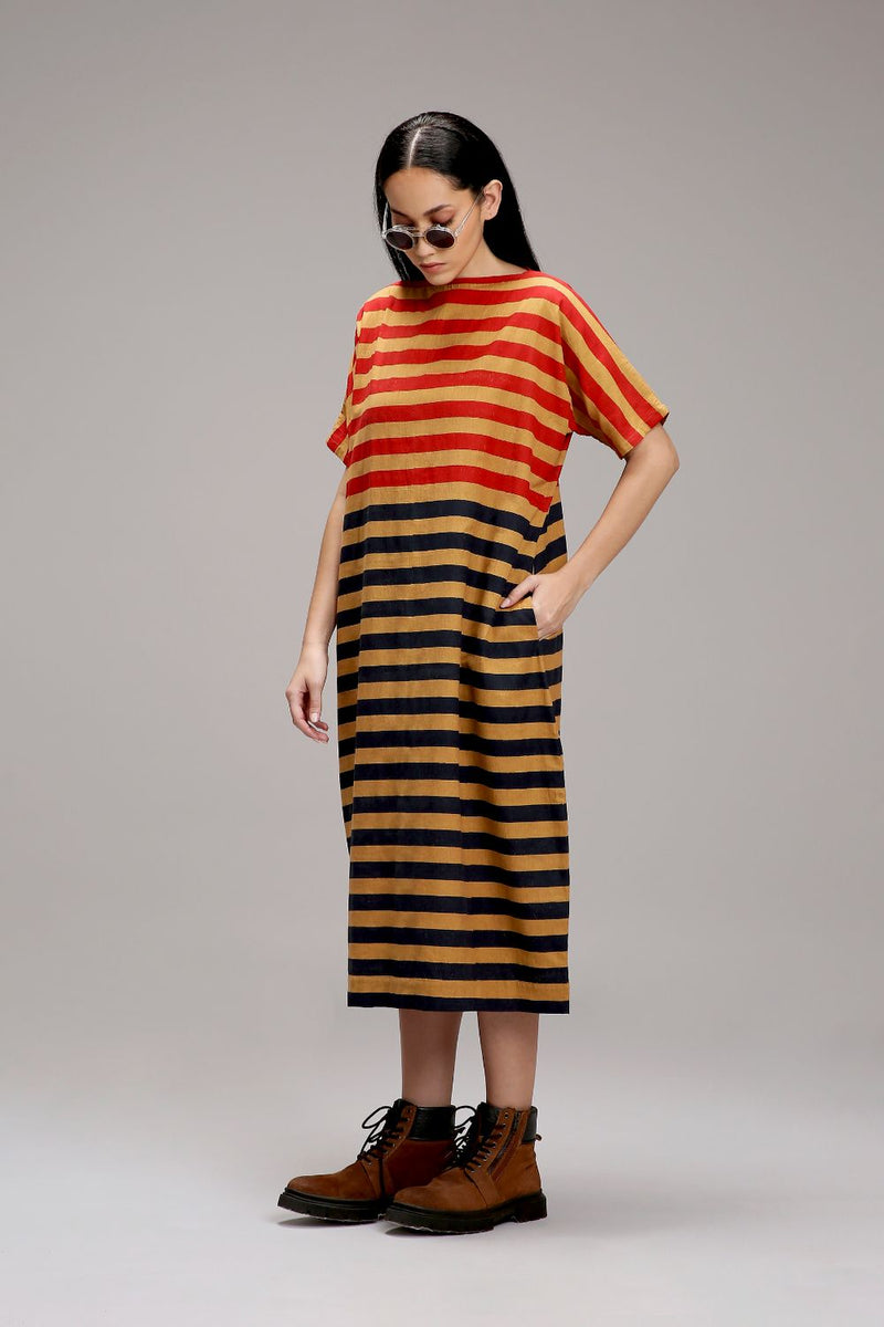 Tan-Brown Red & Blue Dual Striped Dress cotton by Mati in brown color for women Worldwide