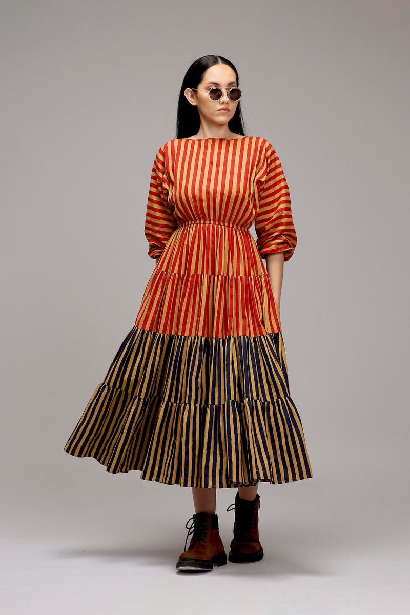 Tan-Brown Red & Blue Striped Tiered Dress cotton by Mati in brown color for women Worldwide
