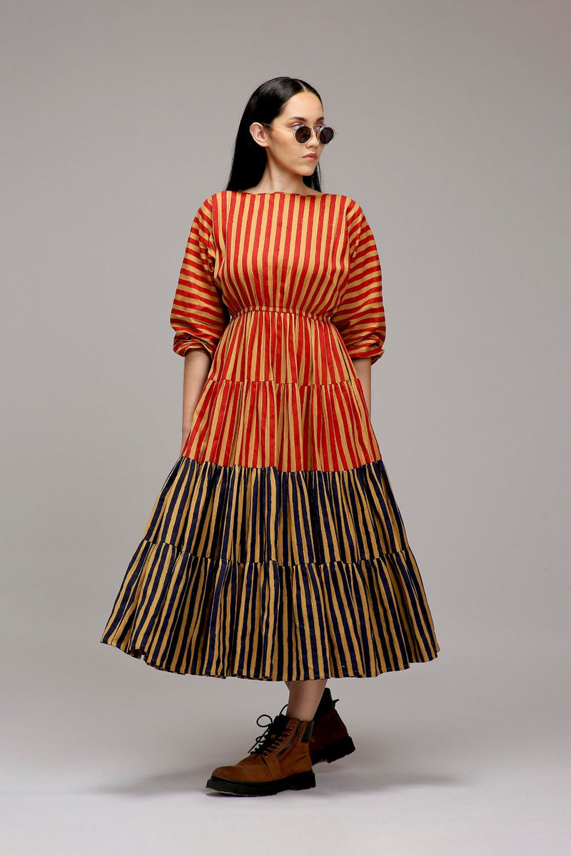 Tan-Brown Red & Blue Striped Tiered Dress cotton by Mati in brown color for women Worldwide