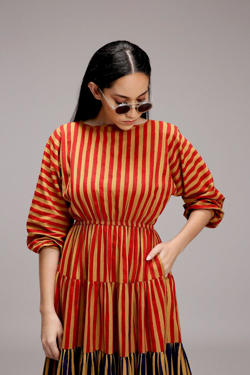 Tan-Brown Red & Blue Striped Tiered Dress cotton by Mati in brown color for women Worldwide