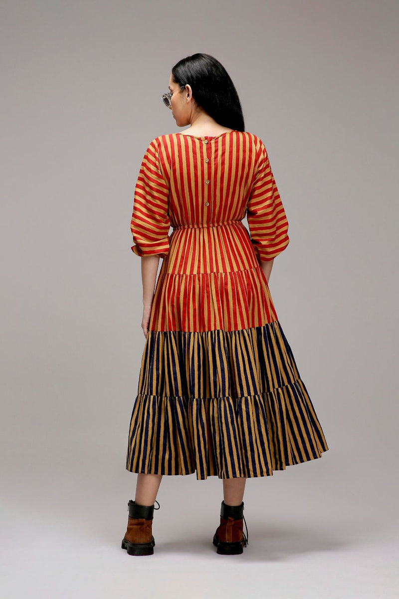 Tan-Brown Red & Blue Striped Tiered Dress cotton by Mati in brown color for women Worldwide