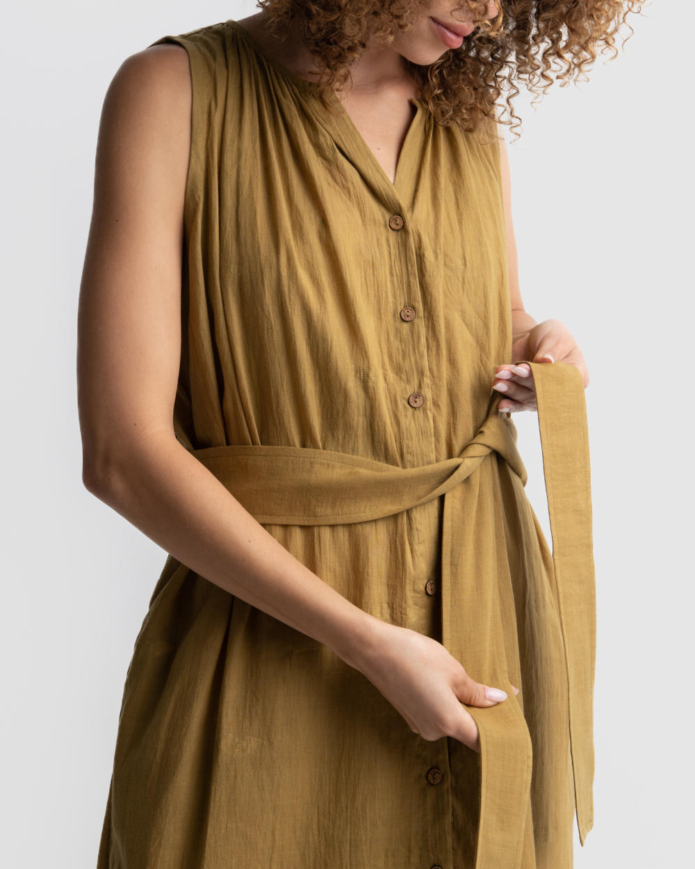 Tan gathered shirt dress