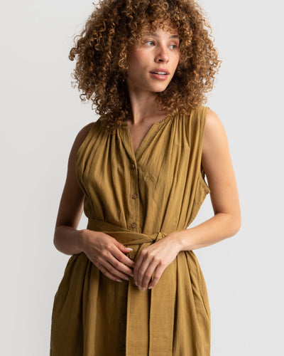 Tan gathered shirt dress