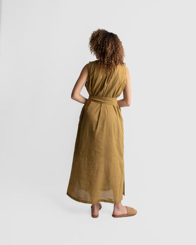 Tan gathered shirt dress