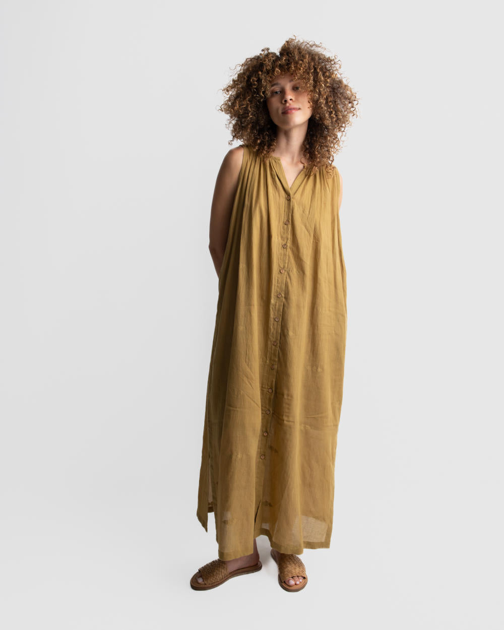 Tan gathered shirt dress