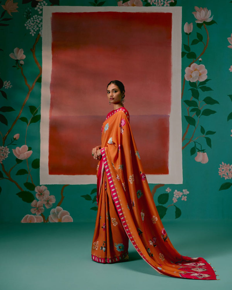 Tangerine & Fuschia Floral Saree by Label Mogra for women Worldwide