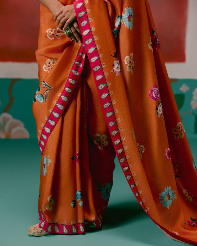 Tangerine & Fuschia Floral Saree by Label Mogra for women Worldwide