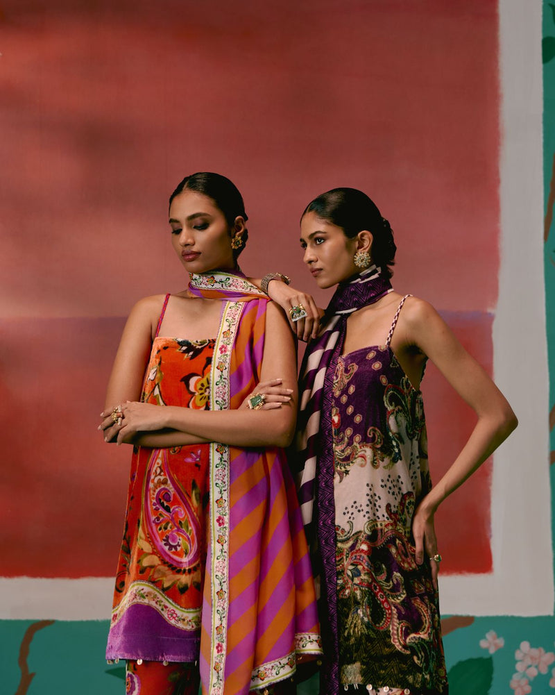Tangerine & Purple Floral Kurta Set by Label Mogra in purple color for women Worldwide
