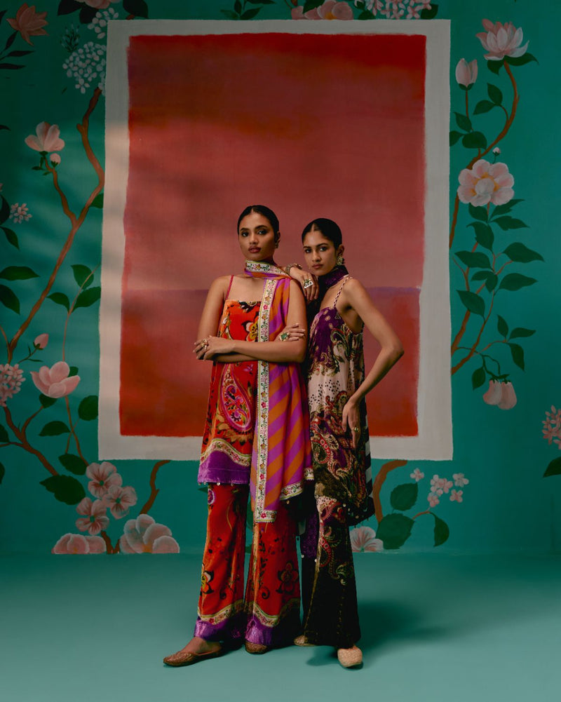 Tangerine & Purple Floral Kurta Set by Label Mogra in purple color for women Worldwide
