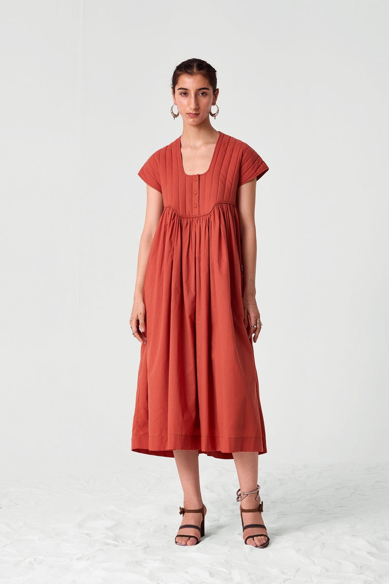 Tapti Orange Quilted Midi Dress