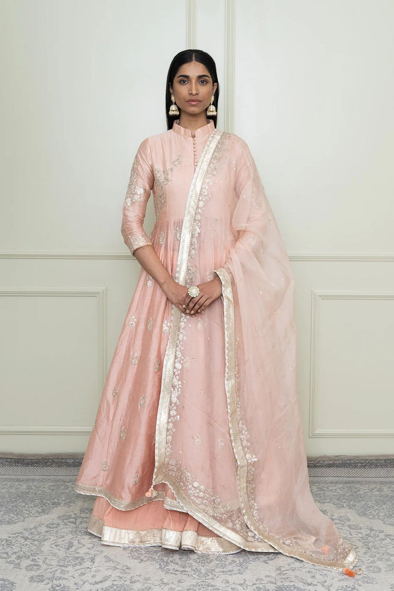Taveshi Anarkali with skirt and dupatta-Pearl Pink silk by SHEETAL BATRA in pink color for women Worldwide