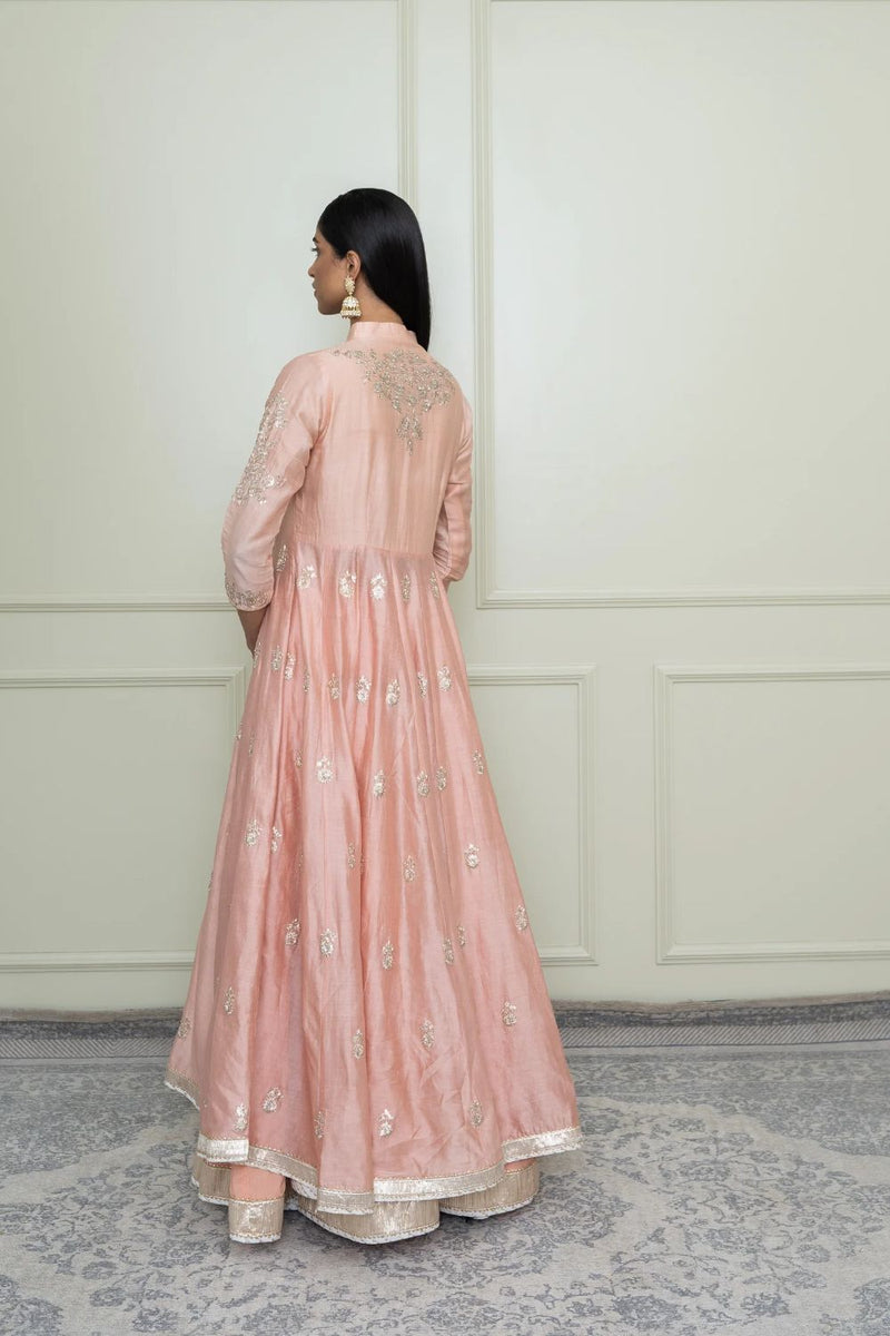 Taveshi Anarkali with skirt and dupatta-Pearl Pink silk by SHEETAL BATRA in pink color for women Worldwide