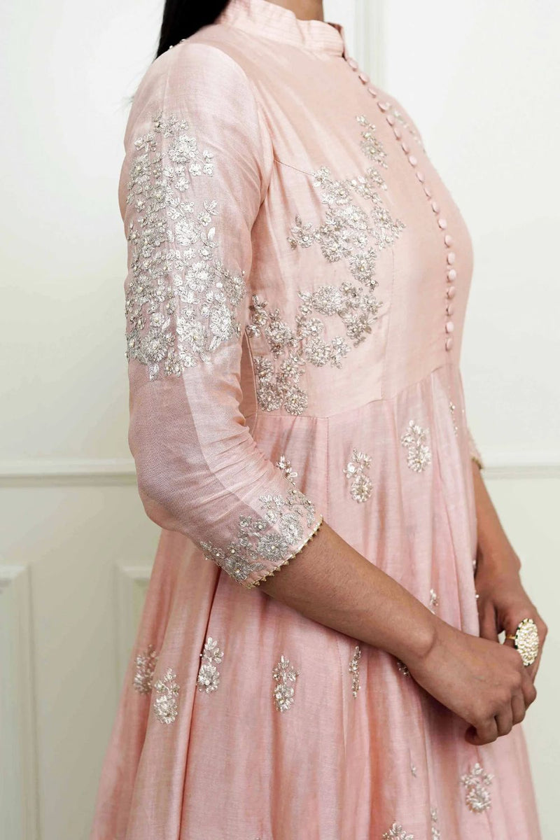 Taveshi Anarkali with skirt and dupatta-Pearl Pink silk by SHEETAL BATRA in pink color for women Worldwide
