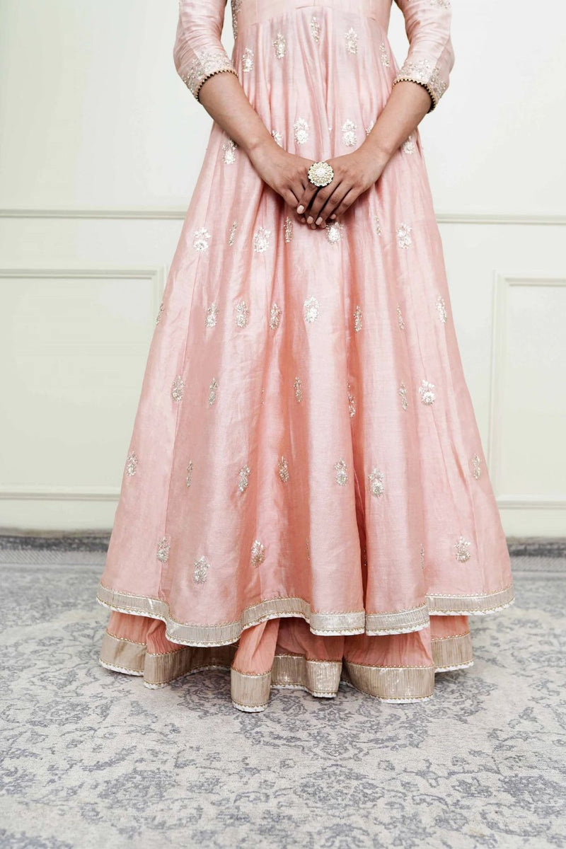 Taveshi Anarkali with skirt and dupatta-Pearl Pink silk by SHEETAL BATRA in pink color for women Worldwide