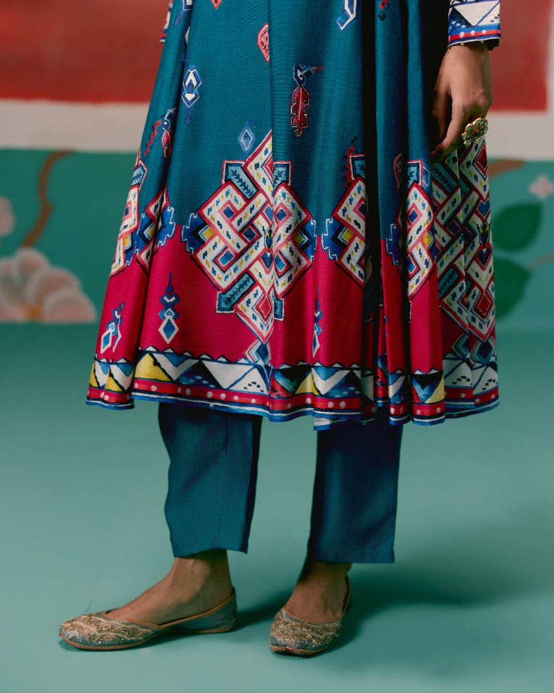 Teal Aztec Anarkali Set by Label Mogra in teal color for women Worldwide