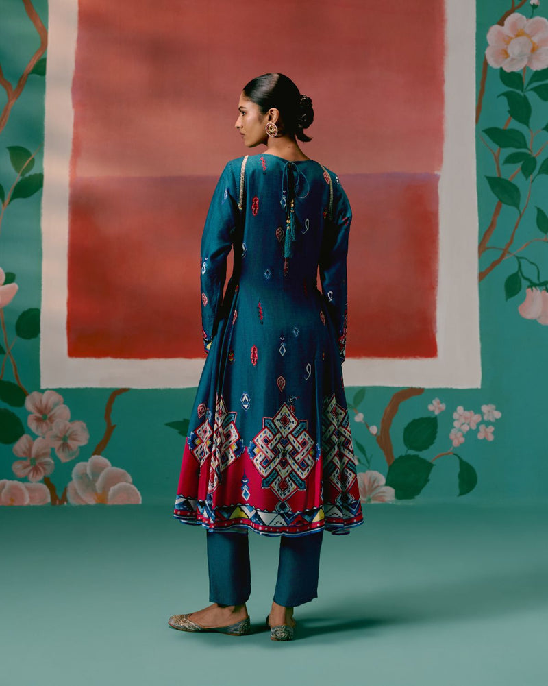 Teal Aztec Anarkali Set by Label Mogra in teal color for women Worldwide