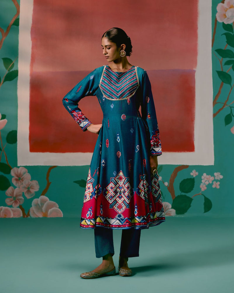 Teal Aztec Anarkali Set by Label Mogra in teal color for women Worldwide