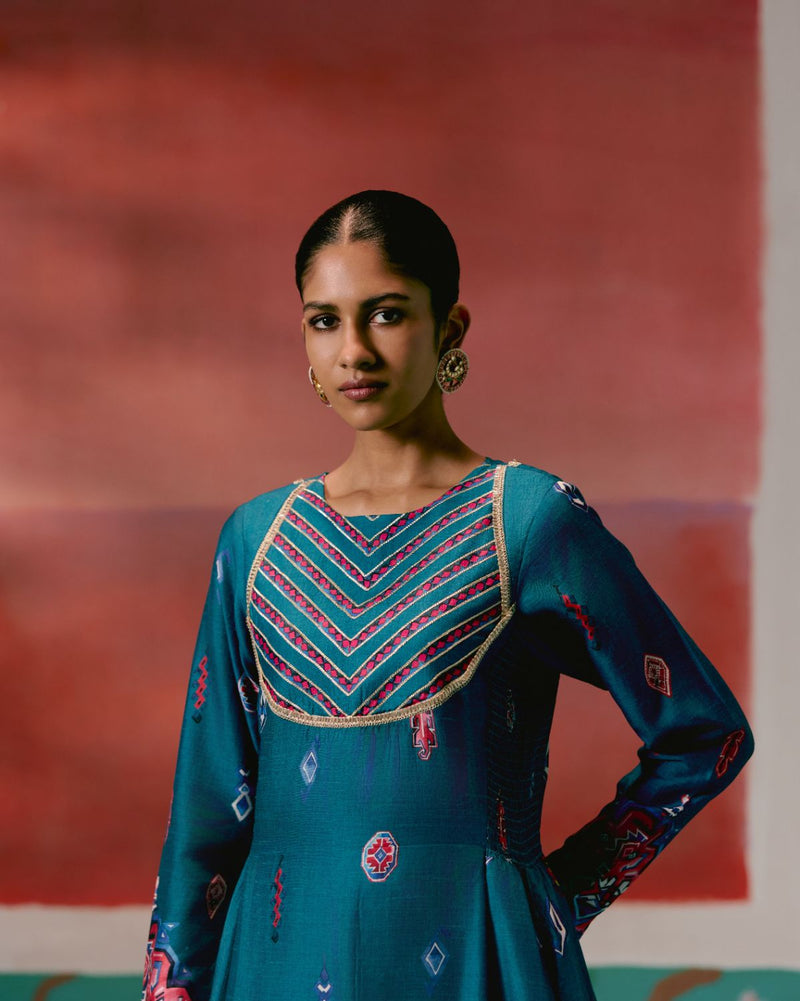 Teal Aztec Anarkali Set by Label Mogra in teal color for women Worldwide