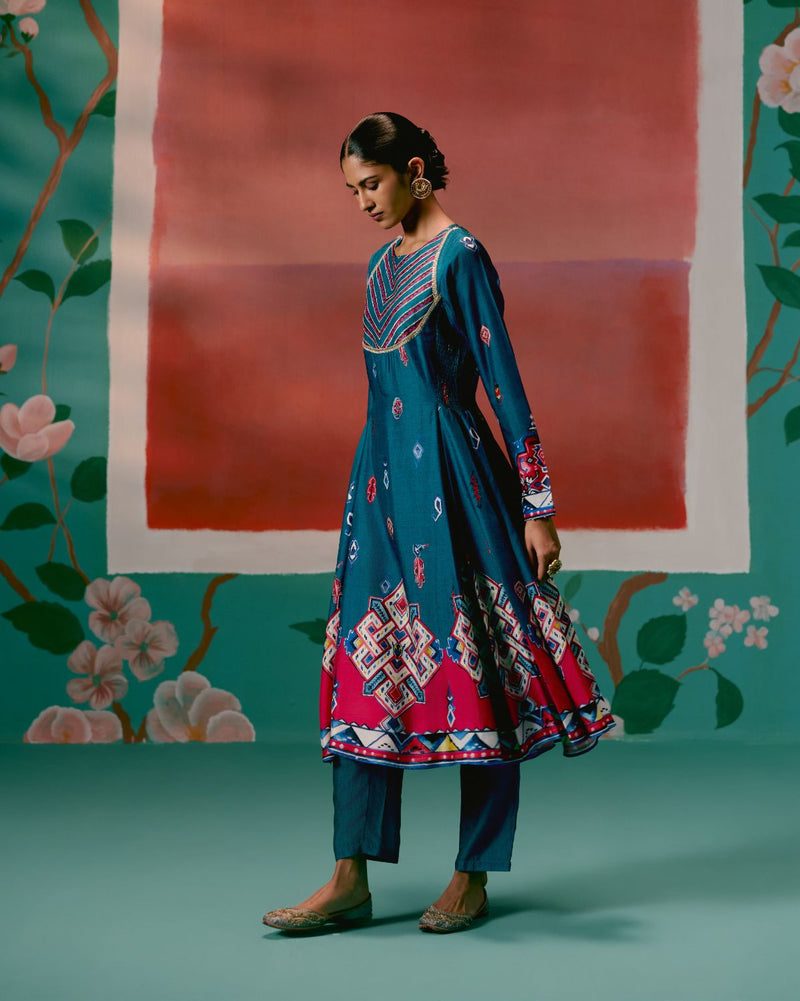 Teal Aztec Anarkali Set by Label Mogra in teal color for women Worldwide