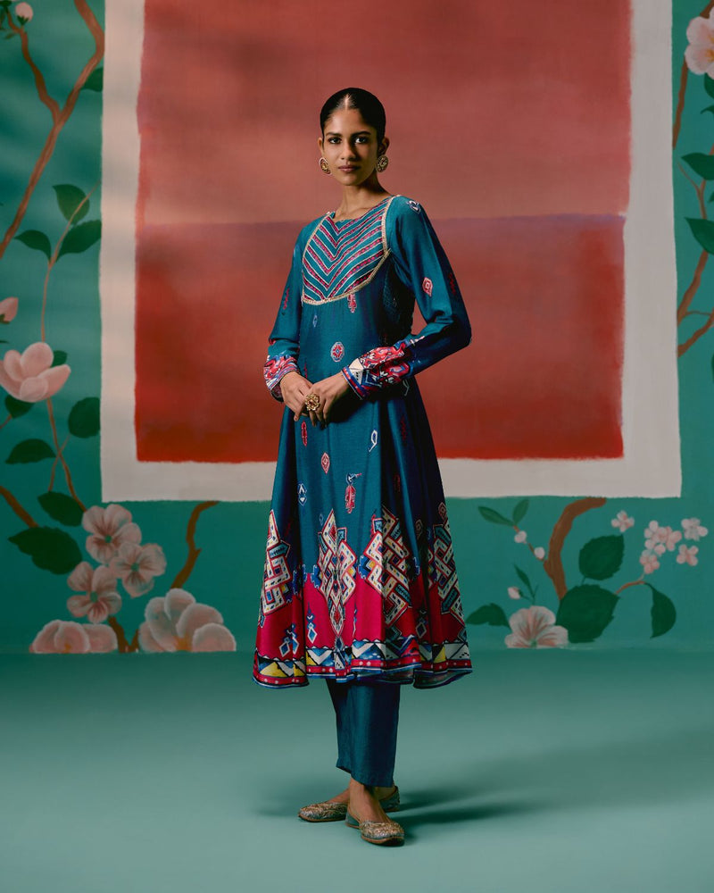 Teal Aztec Anarkali Set by Label Mogra in teal color for women Worldwide