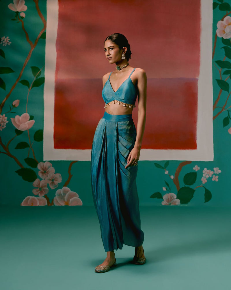 Teal Aztec Blazer Dhoti Set by Label Mogra in teal color for women Worldwide