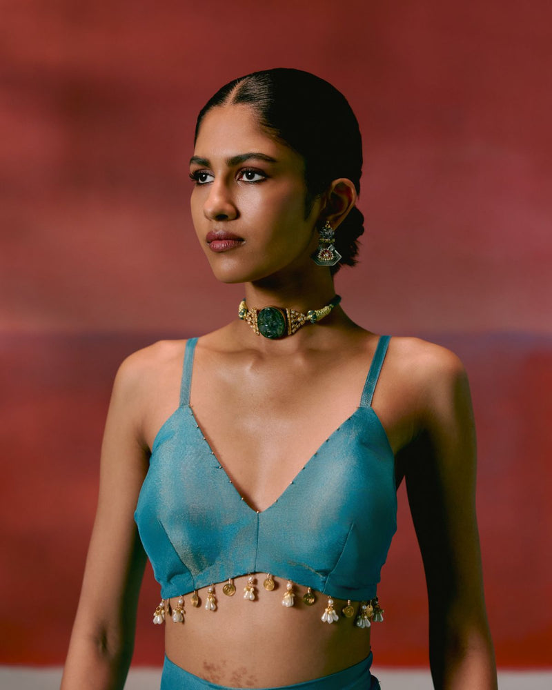 Teal Aztec Blazer Dhoti Set by Label Mogra in teal color for women Worldwide