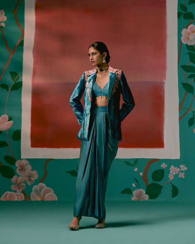Teal Aztec Blazer Dhoti Set by Label Mogra in teal color for women Worldwide
