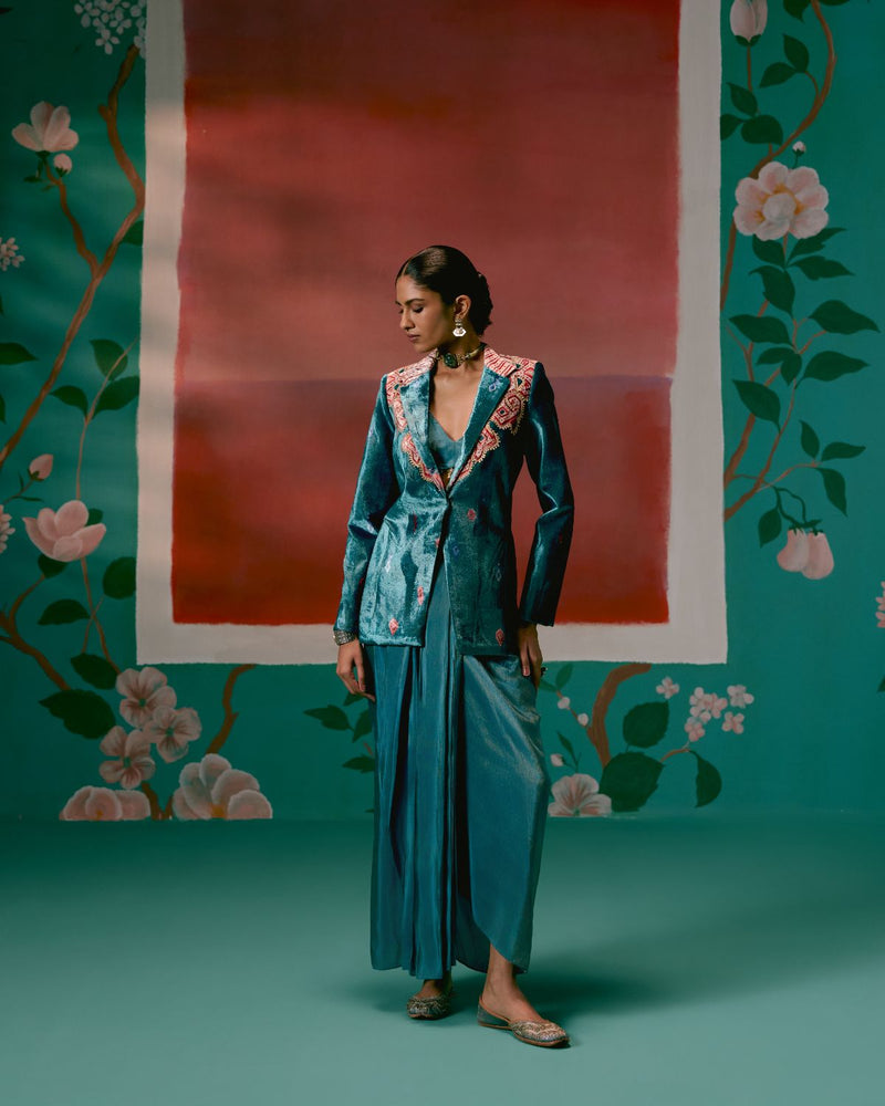 Teal Aztec Blazer Dhoti Set by Label Mogra in teal color for women Worldwide