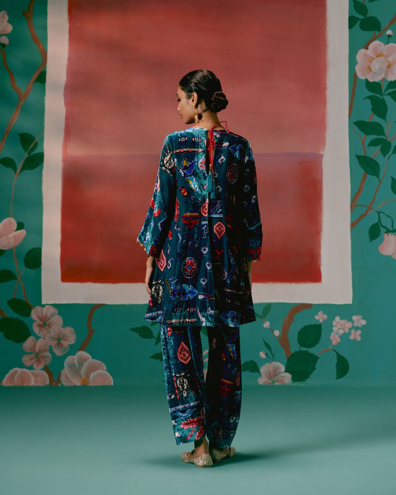 Teal Aztec Velvet Kurta Set by Label Mogra in teal color for women Worldwide