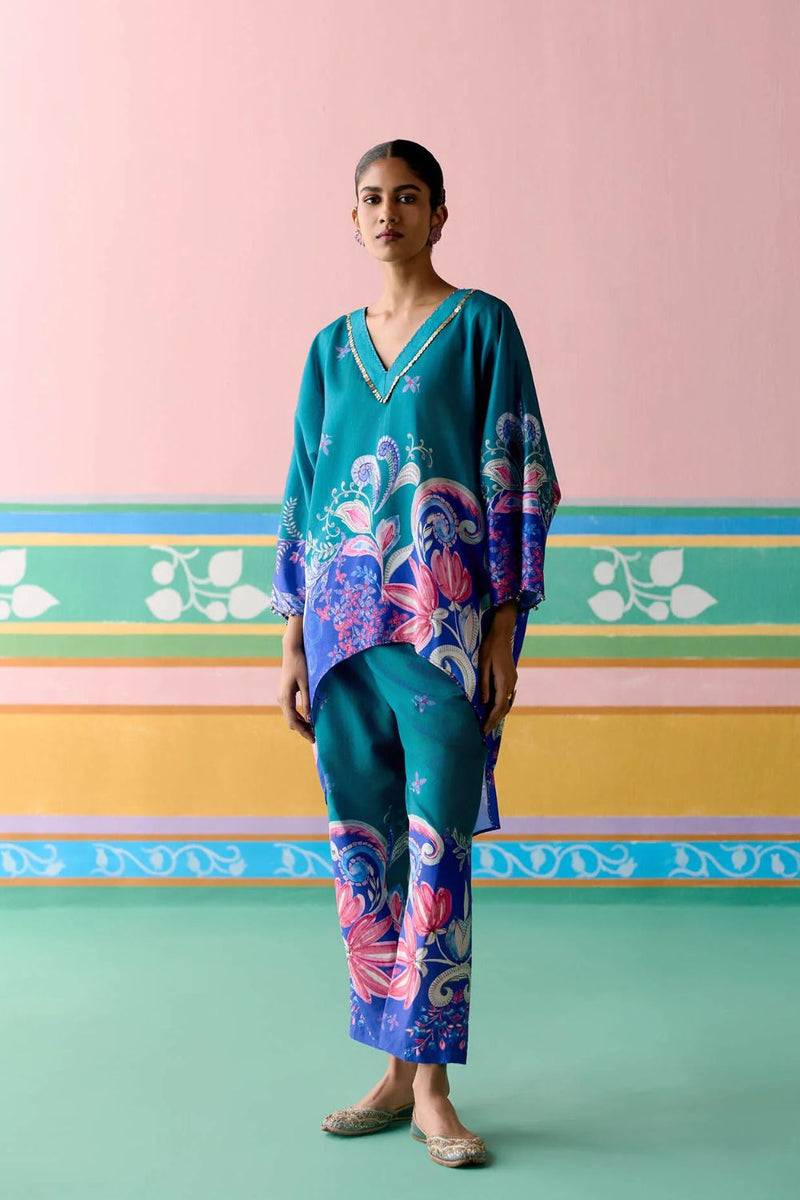 Teal Paisley Kaftan Set (Short)