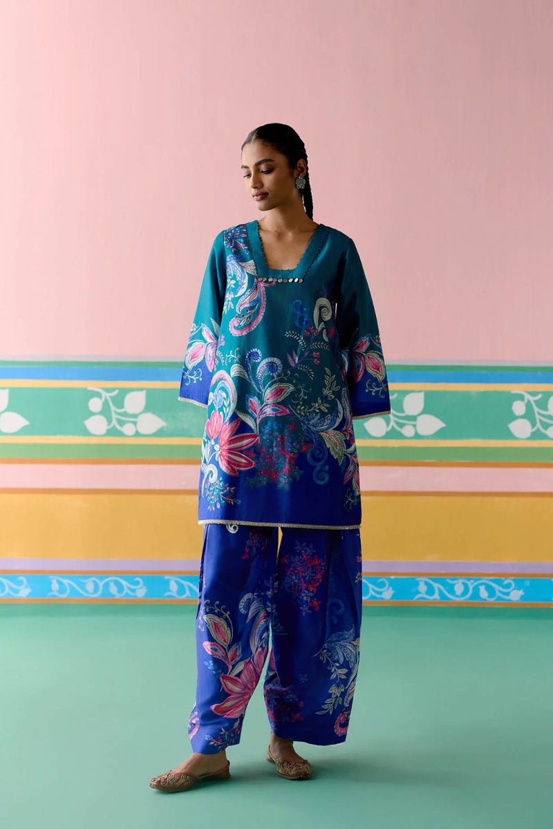 Teal Paisley Square Neck Kurta Set chanderi by Label Mogra in teal color for women Worldwide