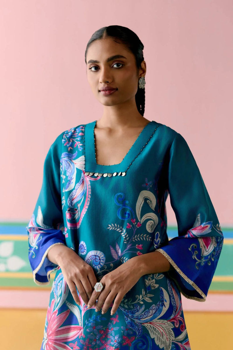 Teal Paisley Square Neck Kurta Set chanderi by Label Mogra in teal color for women Worldwide