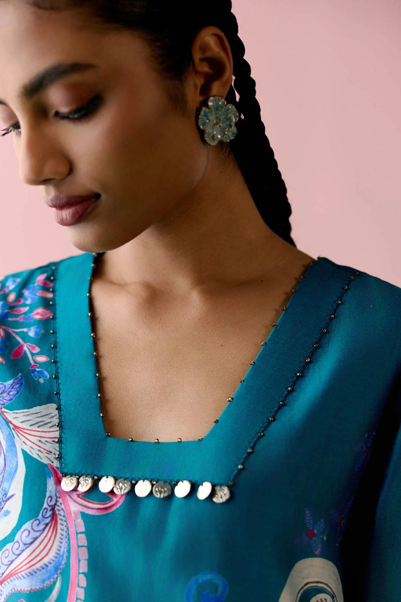 Teal Paisley Square Neck Kurta Set chanderi by Label Mogra in teal color for women Worldwide