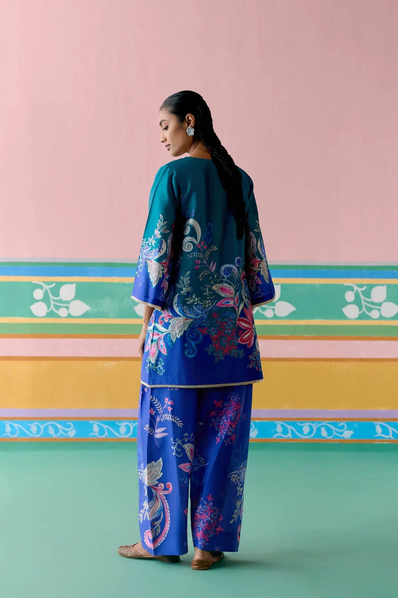 Teal Paisley Square Neck Kurta Set chanderi by Label Mogra in teal color for women Worldwide