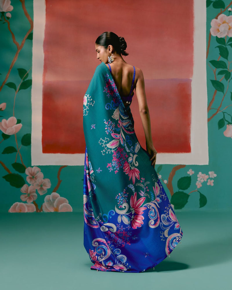 Teal & Blue Paisley Saree chanderi by Label Mogra in blue color for women Worldwide