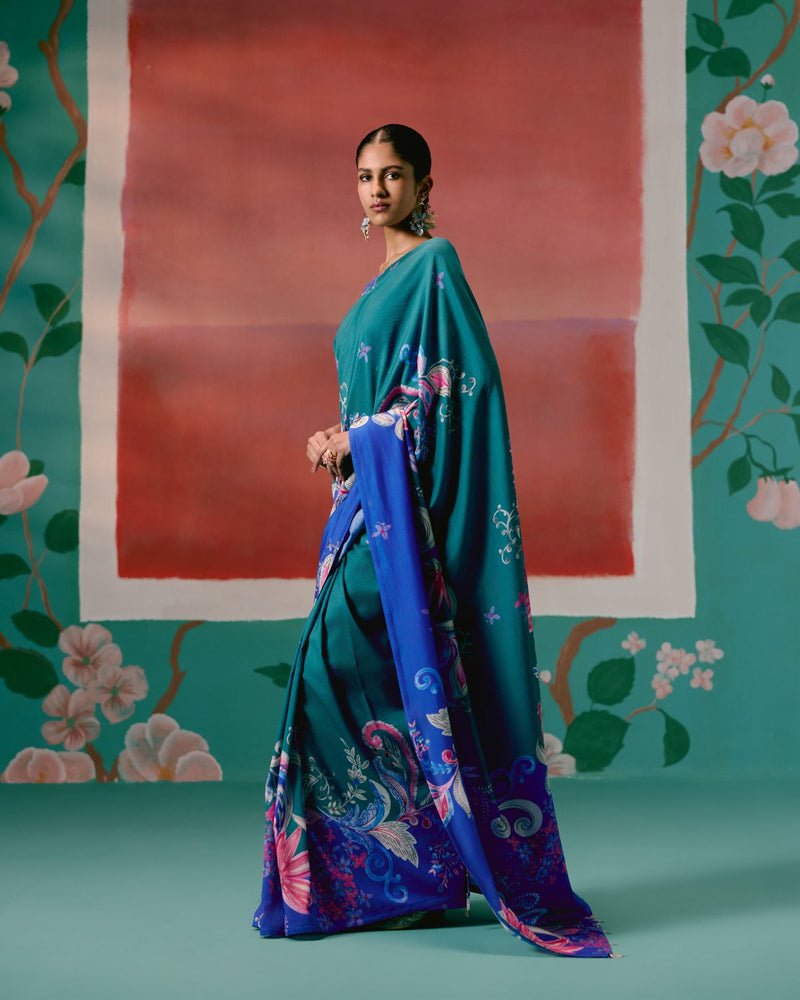 Teal & Blue Paisley Saree chanderi by Label Mogra in blue color for women Worldwide