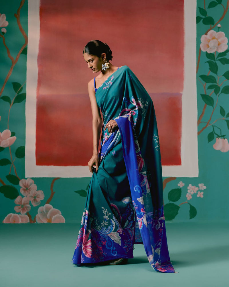 Teal & Blue Paisley Saree chanderi by Label Mogra in blue color for women Worldwide
