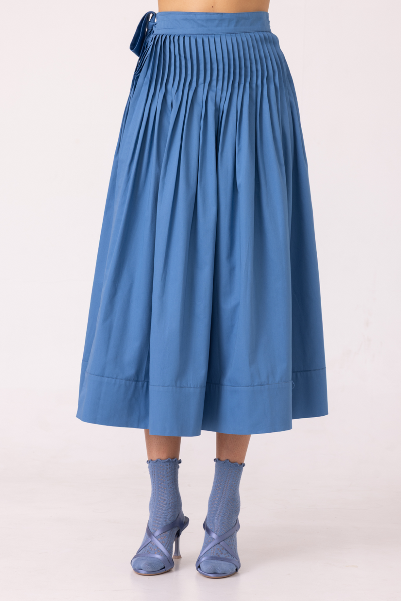Tereza Blue Pleated Wrap Skirt cotton by The Summer House for women Worldwide