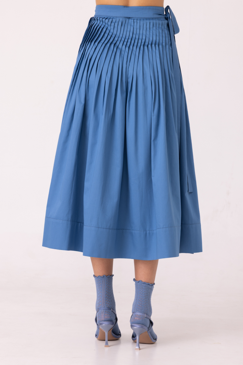 Tereza Blue Pleated Wrap Skirt cotton by The Summer House for women Worldwide
