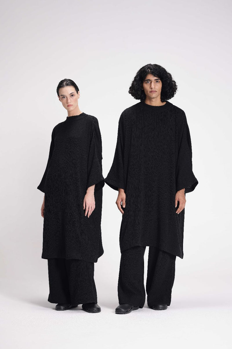 Textured Band Collar Co-ord Set cotton by Turn Black in black color for women Worldwide
