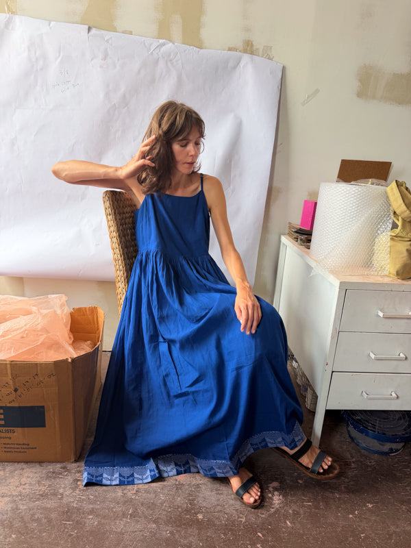 The Block Bloom Midi Dress-Cobalt Blue cotton jamdani dress by World of Crow in blue for women Worldwide