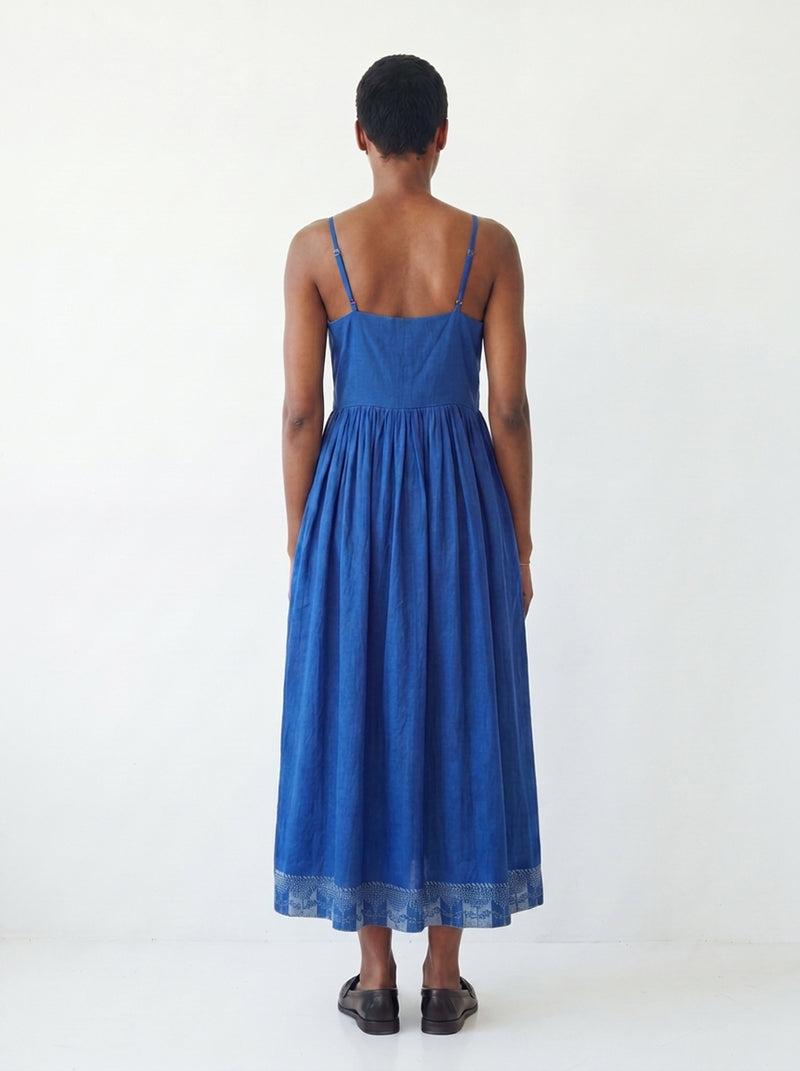 The Block Bloom Midi Dress-Cobalt Blue cotton jamdani dress by World of Crow in blue for women Worldwide
