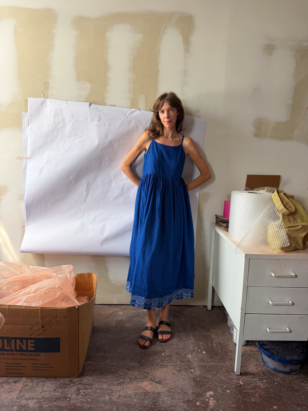 The Block Bloom Midi Dress-Cobalt Blue cotton jamdani dress by World of Crow in blue for women Worldwide