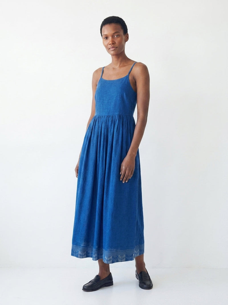 The Block Bloom Midi Dress-Cobalt Blue cotton jamdani dress by World of Crow in blue for women Worldwide