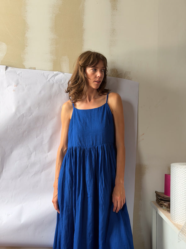 The Block Bloom Midi Dress-Cobalt Blue cotton jamdani dress by World of Crow in blue for women Worldwide